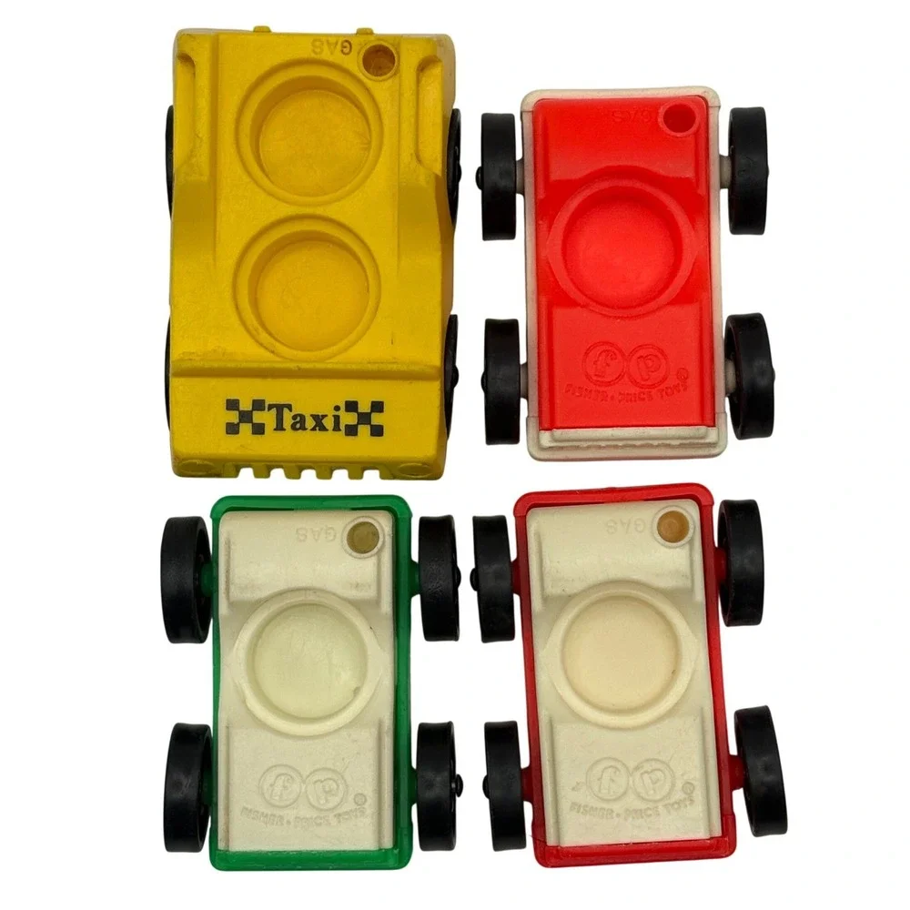 Vintage Fisher Price Lot of 4 Little People Cars 1-Yellow Taxi & 3-One Seat Cars
